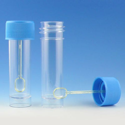 Container, Fecal, 30mL, Attached Screwcap with Spoon, PS, Conical Bottom, Self-Standing