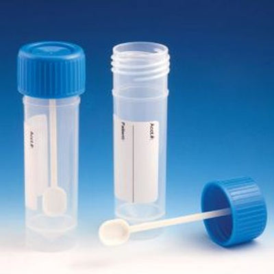 Container, Fecal, 30mL, Attached Screw Cap with Spoon, PP, Conical Bottom, Self-Standing, Attached ID Label