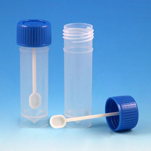 Container, Fecal, 30mL, Attached Screw Cap with Spoon, PP, Conical Bottom, Self-Standing