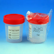 Specimen Container, 4oz, with 1/4-Turn Red Screwcap and Tri-Lingual ID Label, STERILE, PP, Individually Wrapped, Graduated
