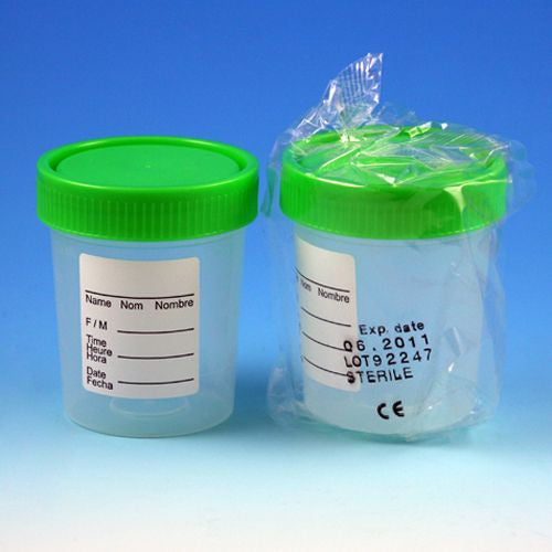 Specimen Container, 4oz, with 1/4-Turn Green Screwcap and Tri-Lingual ID Label, STERILE, PP, Individually Wrapped, Graduated