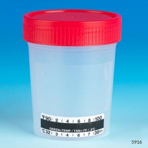 Specimen Container, 4oz, with Attached Thermometer Strip, Separate 1/4-Turn Red Screwcap, Non-Sterile, PP, Graduated, Bulk