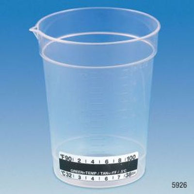 Specimen Container, 6.5oz, with Attached Thermometer Strip, Pour Spout, PP, Graduated