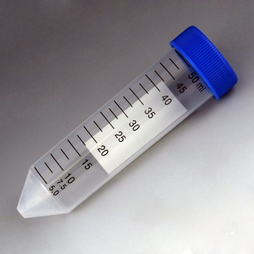 Centrifuge Tube, 50mL, Attached Blue Flat Top Screw Cap, PP, Printed Graduations, STERILE